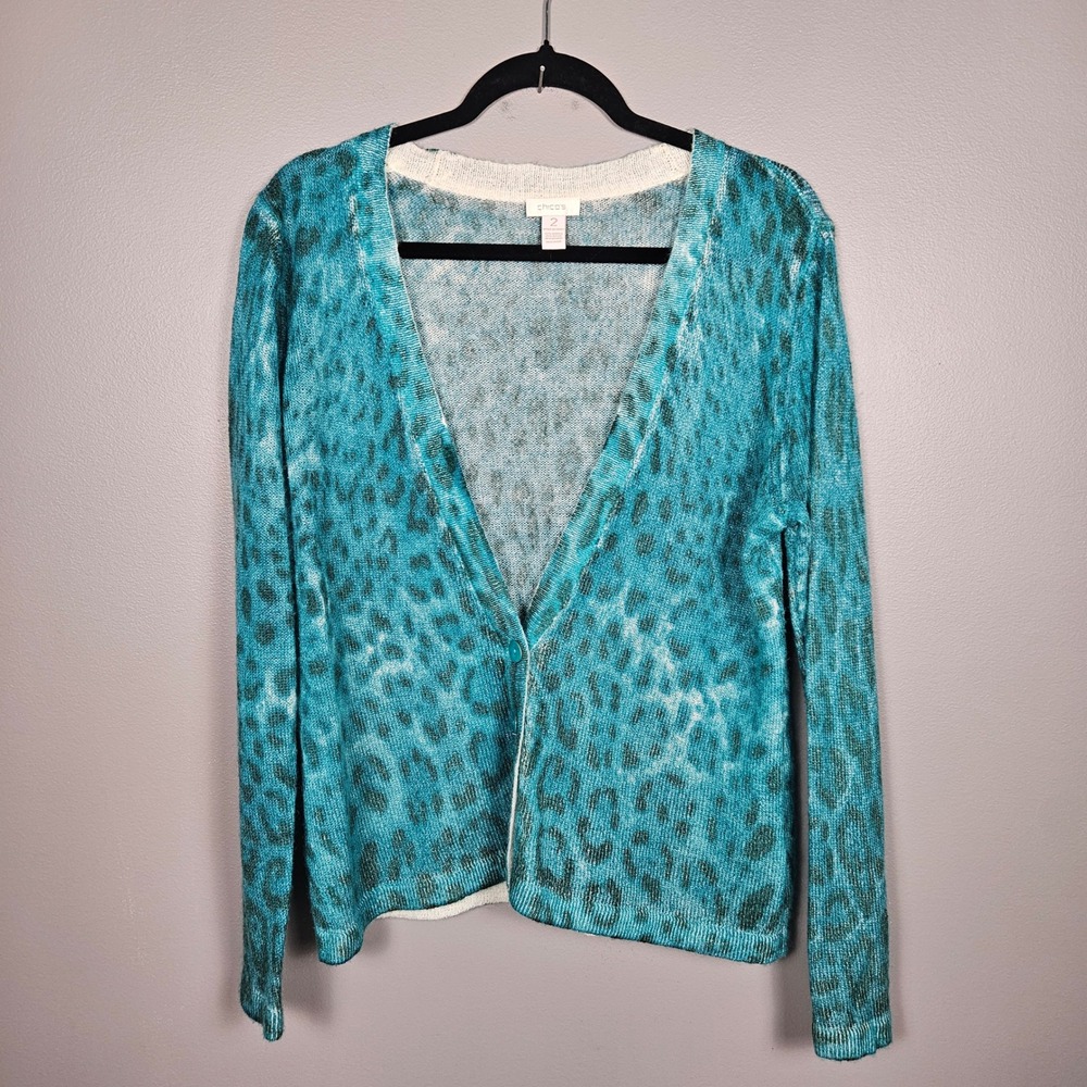 Chico's Womens Size 2 L Cardigan Animal Print Mohair Blend Turquoise Blue